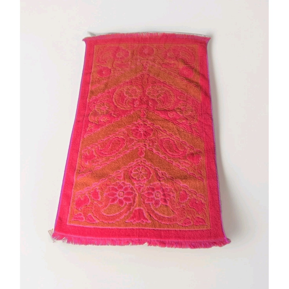 Vintage Stevens Utica Hand Towel Floral Fringe Fuscia Pink Gold Brown MCM Mod